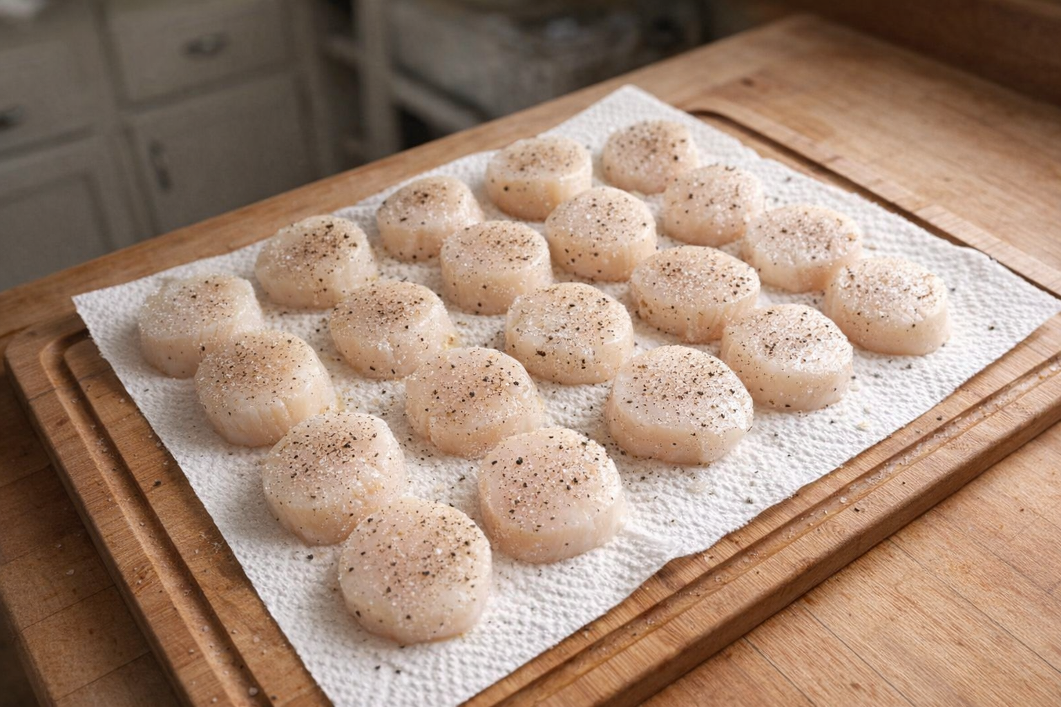 A top-down shot of raw sea scallops, patted dry on paper towels, lightly seasoned with salt and pepper, arranged on a wooden cutting board, natural light